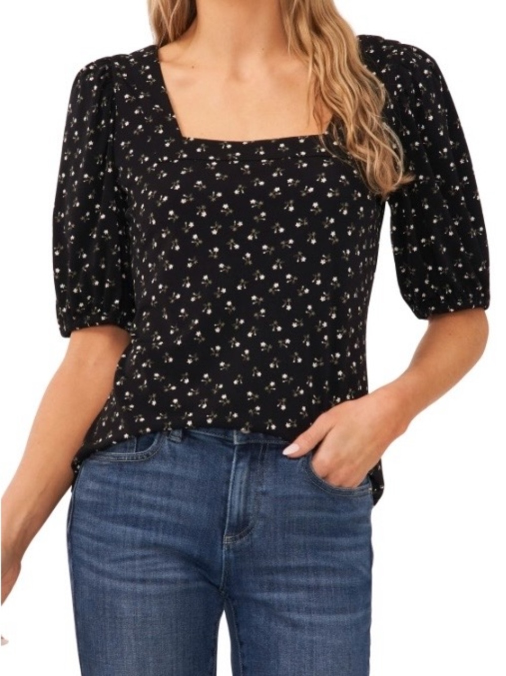 CeCe Black Floral Square Neck Puff-Sleeve Blouse